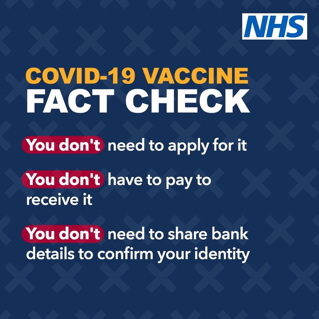 Covid-19 vaccine fact check. You don't need to apply for it. You don't have to pay to receive it. You don't need to share bank details to confirm your identity